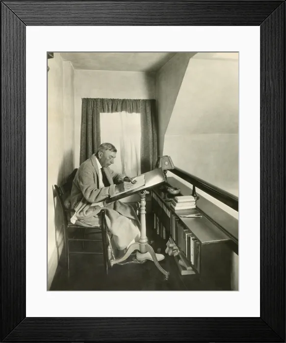 Framed Print : Booth Tarkington writing in his bathroom in Kennebunkport, Maine, c. 1930. The novelist was at the height of his fame and success from 1910 to 1930