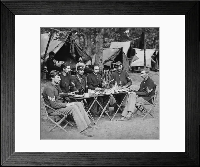 Framed Print : US Civil War, August 1863. Noncommissioned officers mess of Company D, 93rd Virginia, Union Army of Potomac. Photo by Timothy OSullivan, (BSLOC_2018_8_180)
