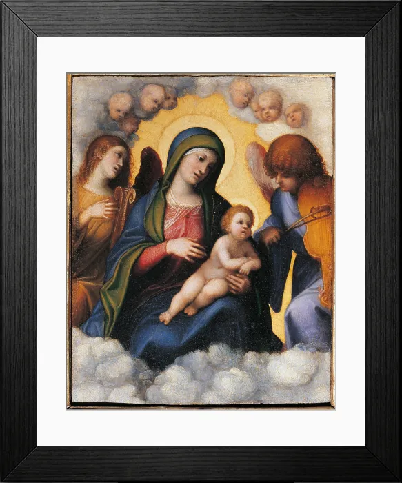 Framed Print : Madonna with Child, Two Angels and Cherubs, by Antonio Allegri known as Correggio, 1508 - 1510 about, 16th Century, oil on panel, cm 20 x 16 - Italy, Tuscany, Florence