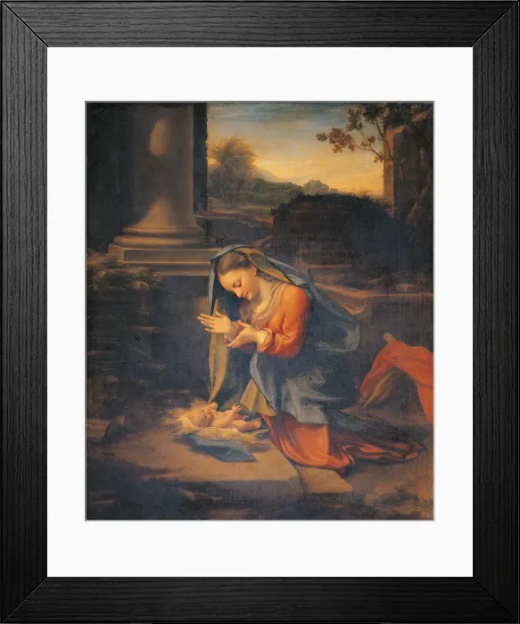Framed Print : Madonna Adoring the Child, by Antonio Allegri known as Correggio, 1520 - 1526, 16th Century, oil on canvas, cm 81 x 67 - Italy, Tuscany, Florence, Uffizi Gallery. All Framed Print : Madonna Adoring the Child, by Antonio Allegri known as Correggio, 1520 - 1526, 16th Century, oil on canvas, cm 81 x 67 - Italy, Tuscany, Florence, Uffizi Gallery. All