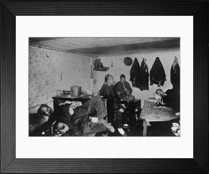 Framed Print : Four Chinese men smoking opium in a lodging house in San Francisco's Chinatown, c. 1905 (BSLOC_2016_10_74)