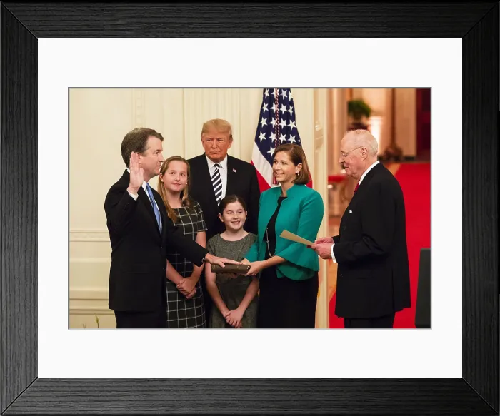 Framed Print : President Donald Trump looks on as Anthony Kennedy, swears in Judge Brett Kavanaugh as a Supreme Courts associate justice, Oct. 8, 2018