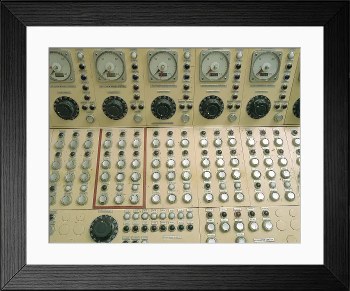 Framed Print : Nuclear reactor control panel for the manual operation of the control rods that regulate temperatures in the reactor core. NASA's Plum Brook Station in Sandusky, Ohio. Ca