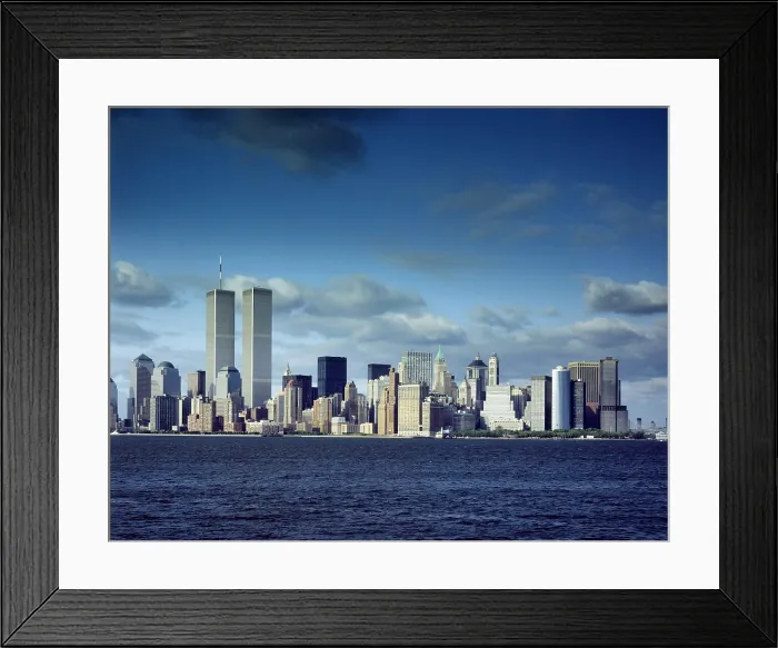 Framed Print : Skyline of lower Manhattan before the 9 / 11 terrorist attacks. Photo is taken from the New Jersey, with the Hudson River in the foreground. New York City. Ca. 2000