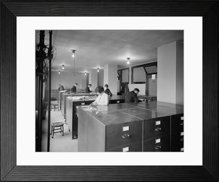 Framed Print : Researchers at the National Bureau of Identification, which became part of the FBI in 1924. They are working with the fingerprint records (BSLOC_2016_10_68)