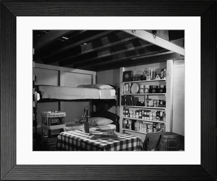 Framed Print : Family basement fallout shelter. It was supplied with a 14-day food and water supply, a battery-operated radio, auxiliary light sources, first aid, sanitary and other equipment Framed Print : Family basement fallout shelter. It was supplied with a 14-day food and water supply, a battery-operated radio, auxiliary light sources, first aid, sanitary and other equipment