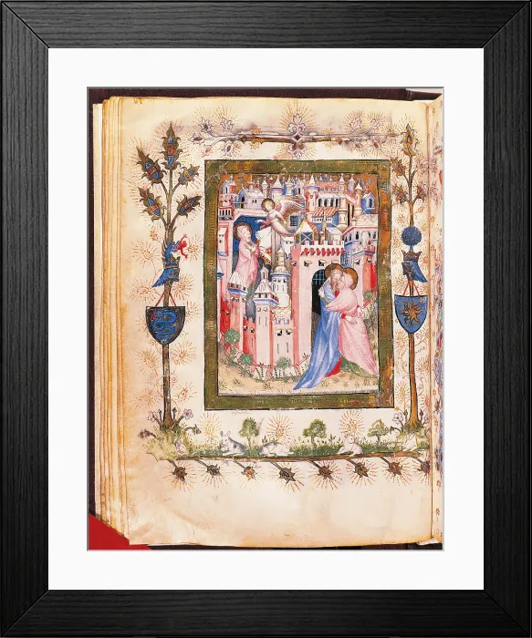 Framed Print : From the Offiziolo of Gian Galeazzo Visconti The Annunciation to St Anne and The Meeting at the Golden Gate, by Giovannino de Grassi, 14th Century, miniature, - Italy, Tuscany