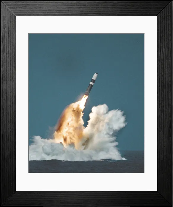 Framed Print : Underwater launch of a Trident ballistic missile from a submarine. First deployed in 1990 by US and British navies, it was equipped with multiple nuclear warheads