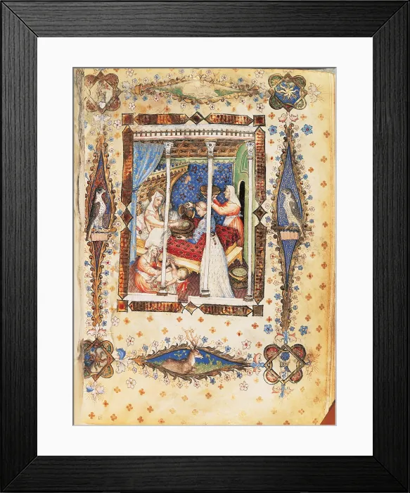 Framed Print : From the Offiziolo of Gian Galeazzo Visconti The Birth of the Virgin Mary, by Giovannino de Grassi, 14th Century, - Italy, Tuscany, Florence, Central National Library. All