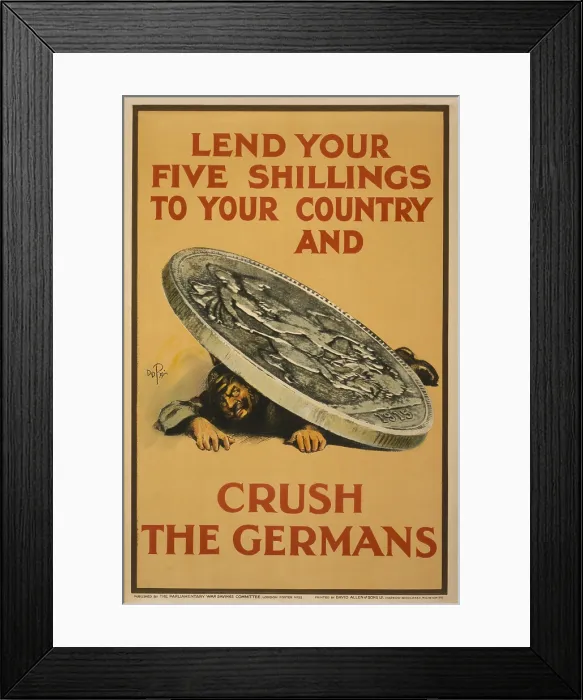 Framed Print : British poster showing a German soldier under by a monumental coin. 1915 Framed Print : British poster showing a German soldier under by a monumental coin. 1915
