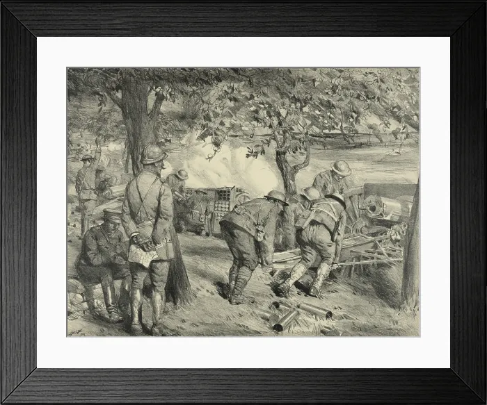 Framed Print : A U.S. battery of 75mm artillery in action in France during WW1. 1917-18. A French officer in left foreground is probably an advisor