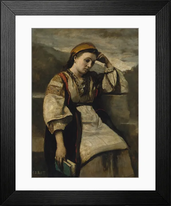 Framed Print : REVERIE, by Camille Corot, 1860-65, French painting, oil on wood. Corot posed working-class Parisian women in exotic costumes in his studio Framed Print : REVERIE, by Camille Corot, 1860-65, French painting, oil on wood. Corot posed working-class Parisian women in exotic costumes in his studio