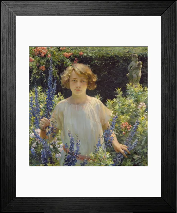 Framed Print : BETTY GALLOWHUR, by Charles Courtney Curran, 1922, American painting, oil on canvas. Curran painted the girl dressed in white posed in brilliant sunshine Framed Print : BETTY GALLOWHUR, by Charles Courtney Curran, 1922, American painting, oil on canvas. Curran painted the girl dressed in white posed in brilliant sunshine