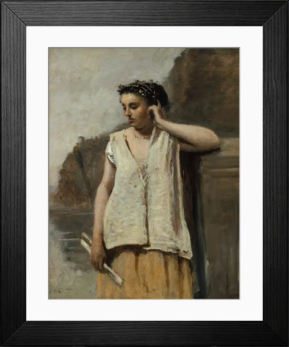 Framed Print : THE MUSE: HISTORY, by Camille Corot, 1865, French painting, oil on canvas. The naturalistic figure is painted with simple rustic garments Framed Print : THE MUSE: HISTORY, by Camille Corot, 1865, French painting, oil on canvas. The naturalistic figure is painted with simple rustic garments