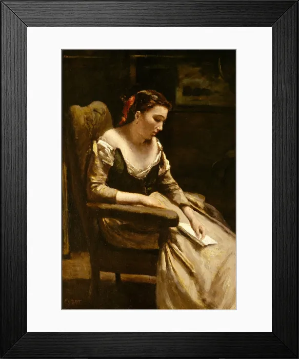 Framed Print : THE LETTER, by Camille Corot, 1865, French painting, oil on wood. Corot painted this figure with stronger lights and shadow than most for his works (BSLOC_2017_9_97) Framed Print : THE LETTER, by Camille Corot, 1865, French painting, oil on wood. Corot painted this figure with stronger lights and shadow than most for his works (BSLOC_2017_9_97)