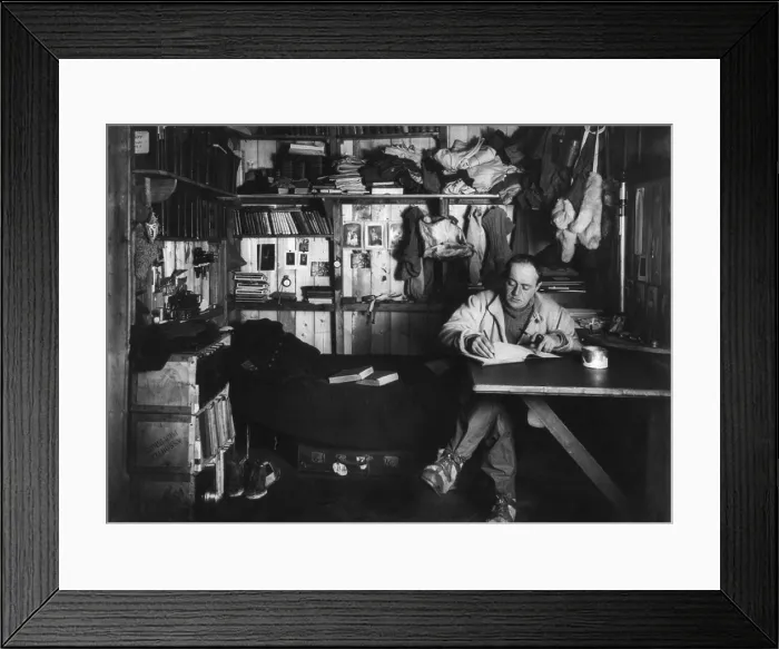Framed Print : Robert Scott, writing in his journal in the Cape Evans hut, during the Antarctic winter of 1911. Photo by Herbert Ponting (BSLOC_2018_4_86) Framed Print : Robert Scott, writing in his journal in the Cape Evans hut, during the Antarctic winter of 1911. Photo by Herbert Ponting (BSLOC_2018_4_86)