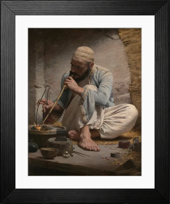 Framed Print : THE ARAB JEWELER, by Charles Sprague Pearce, 1882, American painting, oil on canvas. An Arab artisan is painted with strong sense of light and volume
