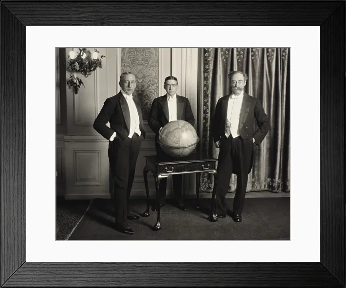Framed Print : Group portrait of three great polar explorers of the early 20th century: Roald Amundsen, Ernest Henry Shackleton, and Robert Edwin Peary. They were in Philadelphia on Jan