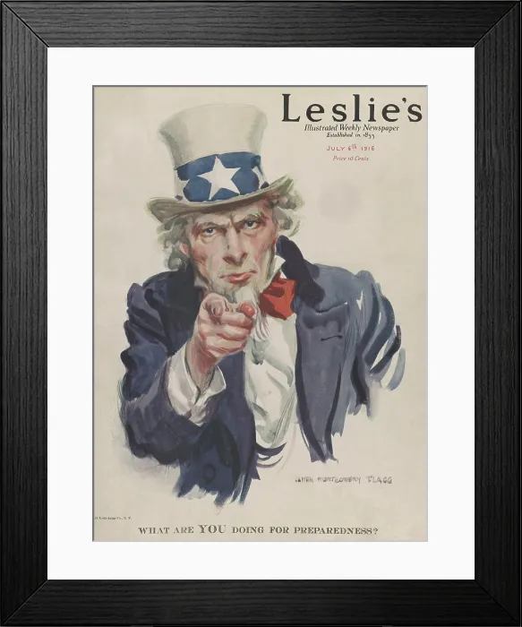 Framed Print : WHAT ARE YOU DOING FOR PREPAREDNESS? Uncle Sam pointing from the cover of Leslies Illustrated Newspaper an Magazine Cover, July 6th, 1916, by James Montgomery Flagg Framed Print : WHAT ARE YOU DOING FOR PREPAREDNESS? Uncle Sam pointing from the cover of Leslies Illustrated Newspaper an Magazine Cover, July 6th, 1916, by James Montgomery Flagg