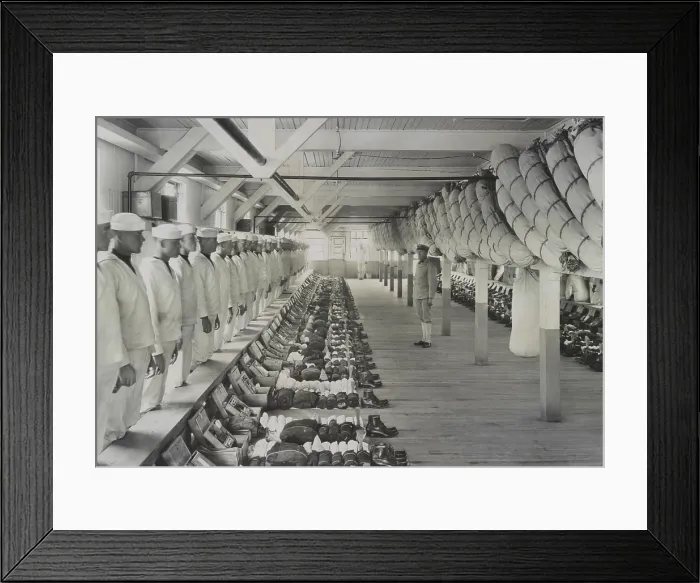 Framed Print : Sailors undergo a sea bag inspection at U.S. Naval Training Station, Cape May, in May 1918. Men stand at attention as officer inspects their clothing and supplies Framed Print : Sailors undergo a sea bag inspection at U.S. Naval Training Station, Cape May, in May 1918. Men stand at attention as officer inspects their clothing and supplies