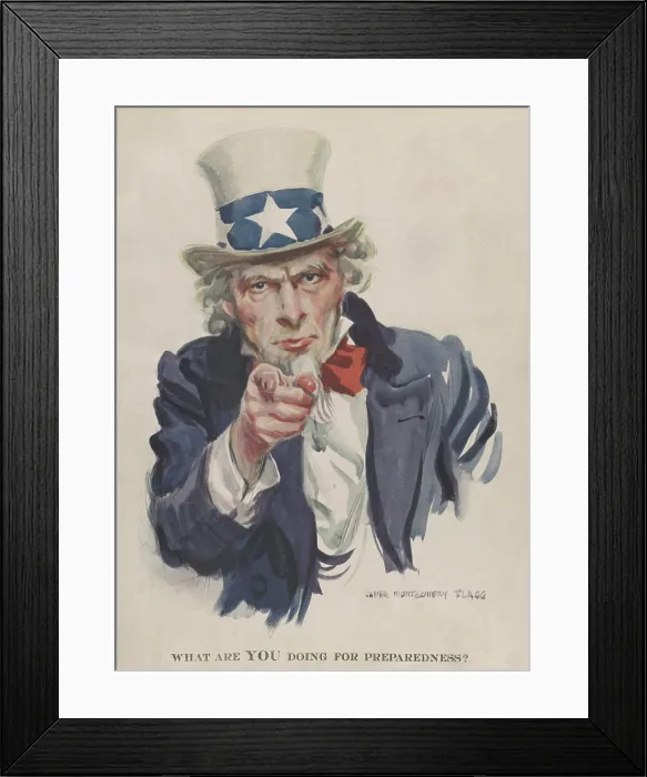 Framed Print : WHAT ARE YOU DOING FOR PREPAREDNESS? Uncle Sam pointing from a 1916 magazine cover by James Montgomery Flagg