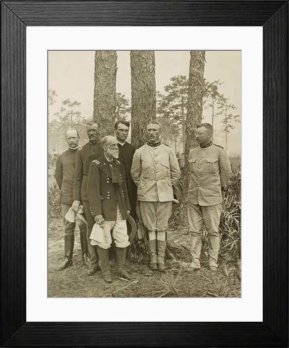Framed Print : Staff of the 1st US Volunteer Regiment in Tampa Florida with Confederate General Joe Wheeler. Photo was taken in May 1898 before their embarkation for Cuba