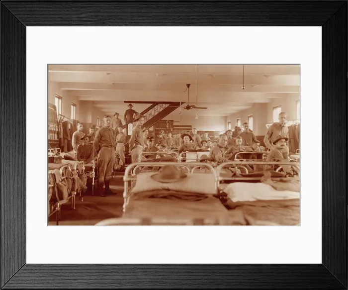 Framed Print : Soldiers in the Squad Room, Marine Barracks, Washington, D.C. in 1917. Aged photo with burnt sienna tint (BSLOC_2016_13_103.jpg )