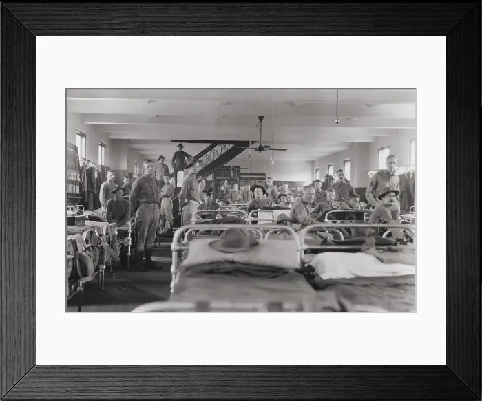 Framed Print : Soldiers in the Squad Room, Marine Barracks, Washington, D.C. in 1917. Age photo with restored to original gray tones (BSLOC_2016_13_104.jpg )