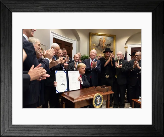 Framed Print : President Donald Trump signs the Music Modernization Act, October 11, 2018, in the Roosevelt Room of the White House, with Kid Rock, Sam Moore as witnesses (BSLOC_2018_8_199) Framed Print : President Donald Trump signs the Music Modernization Act, October 11, 2018, in the Roosevelt Room of the White House, with Kid Rock, Sam Moore as witnesses (BSLOC_2018_8_199)