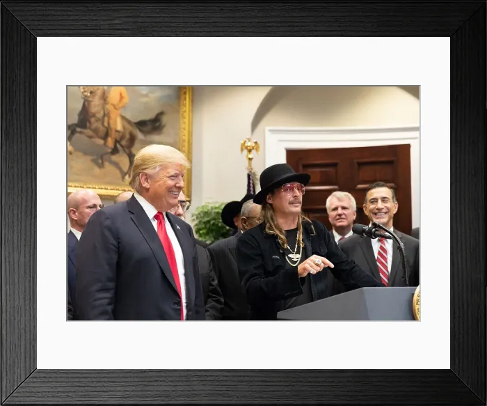 Framed Print : President Donald Trump smiles as Kid Rock speaks after the signing of the Music Modernization Act. October 11, 2018, Roosevelt Room, White House (BSLOC_2018_8_200)