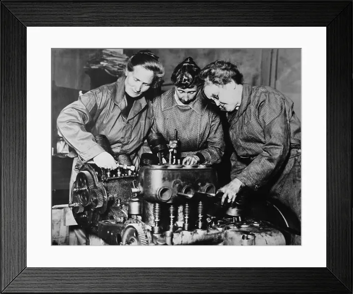 Framed Print : WW1 era photo of three women engaged in auto engine repairs in Los Angeles. This is possibly a training session, c. 1916-1920. (BSLOC_2016_13_120.jpg )