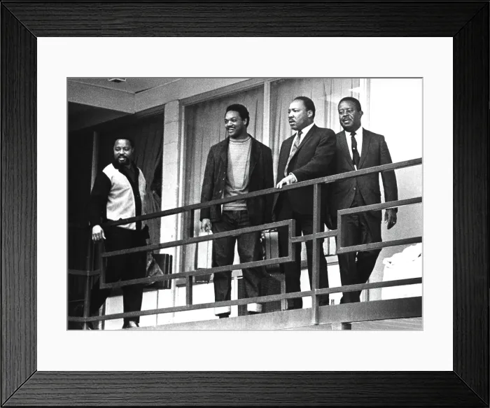 Framed Print : Rev. Martin Luther King stands on a balcony at the Lorraine Motel in Memphis, Tennessee, April 3, 1968