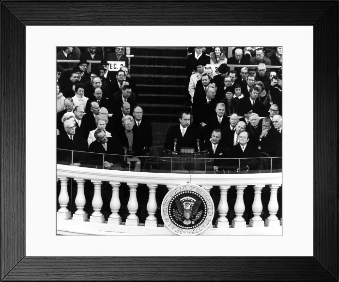 Framed Print : Newly sworn-in President Richard Nixon speaking at his first inauguration, Jan. 20, 1969