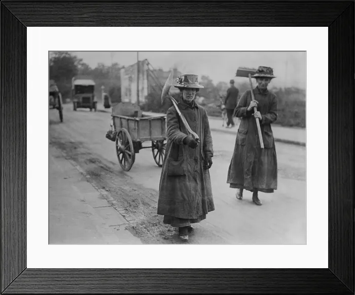 Framed Print : English women street cleaners during World War I, 1914-1918. They have replaced men who joined the armed forces. (BSLOC_2016_13_127.jpg )