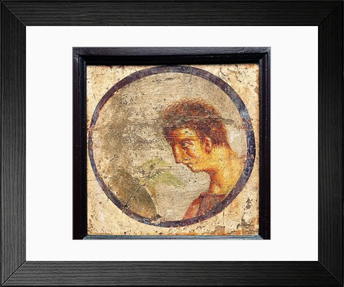 Framed Print : Young Man Profile, by unknown artist, 50-79, 1st Century A.D. ripped fresco, 25 x 25 cm - Italy, Campania, Naples, National Archaeological Museum, Room LXXVIII, inv. 9086