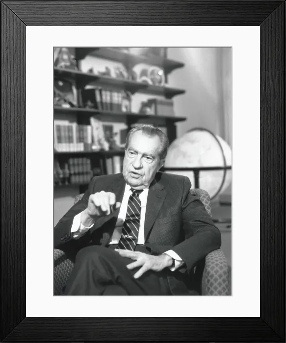 Framed Print : Former President Richard Nixon in 1989, 15 years after his forced resignation, to avoid full impeachment hearings in 1974 (BSLOC_2021_3_16) Framed Print : Former President Richard Nixon in 1989, 15 years after his forced resignation, to avoid full impeachment hearings in 1974 (BSLOC_2021_3_16)