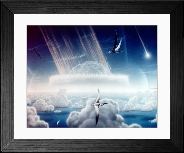 Framed Print : Asteroid slamming into the shallow seas of the Yucatan Peninsula. The asteroid impact of 65 million years ago, that caused the extinction of the dinosaurs