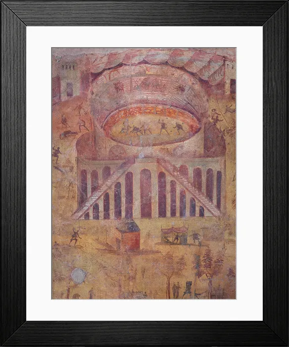 Framed Print : Roughhouse in the Amphitheatre, by unknown artist, 59-79, 1st Century A.D. ripped fresco, 170 x 185 cm - Italy, Campania, Naples, National Archaeological Museum, Room LXXVIII Framed Print : Roughhouse in the Amphitheatre, by unknown artist, 59-79, 1st Century A.D. ripped fresco, 170 x 185 cm - Italy, Campania, Naples, National Archaeological Museum, Room LXXVIII