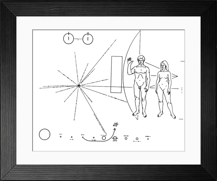 Framed Print : Pictorial plaque of the Pioneer F Spacecraft destined for interstellar space. Left diagram indicates the position of the Sun