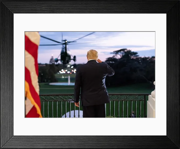 Framed Print : President Donald Trump salutes Marine One from the South Balcony of the White House Blue Room, Oct
