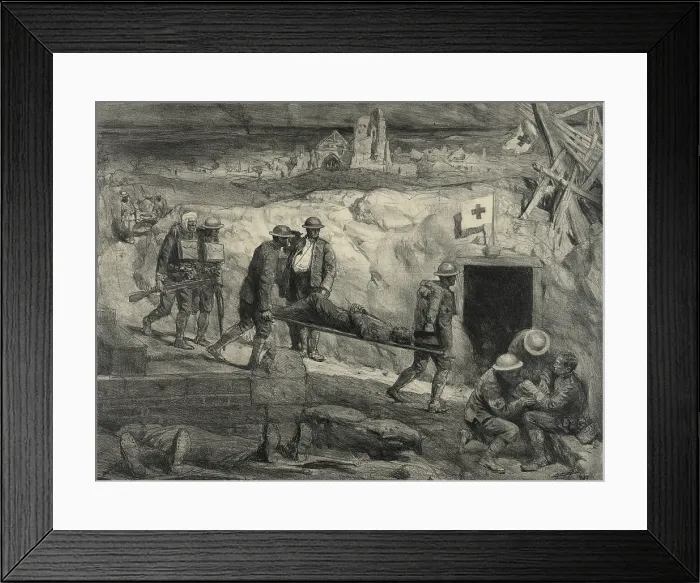 Framed Print : Wounded American soldiers entering an aid station in France during WW1. 1917-18. 1927 lithograph by Lucian Jonas. (BSLOC_2012_4_36)
