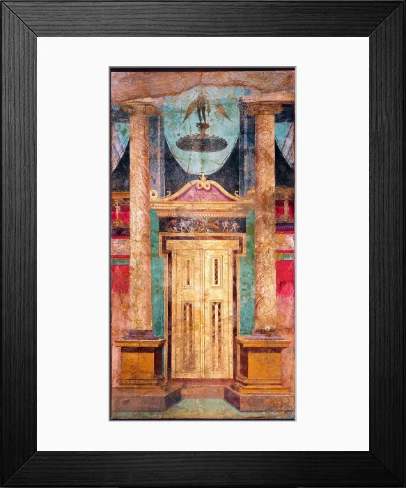 Framed Print : Architecture with Gates and Masks, by unknown artist, 60, 1st Century B.C. ripped fresco, 337 x 169 cm - Italy, Campania, Naples, National Archaeological Museum, Room LXVII, inv Framed Print : Architecture with Gates and Masks, by unknown artist, 60, 1st Century B.C. ripped fresco, 337 x 169 cm - Italy, Campania, Naples, National Archaeological Museum, Room LXVII, inv