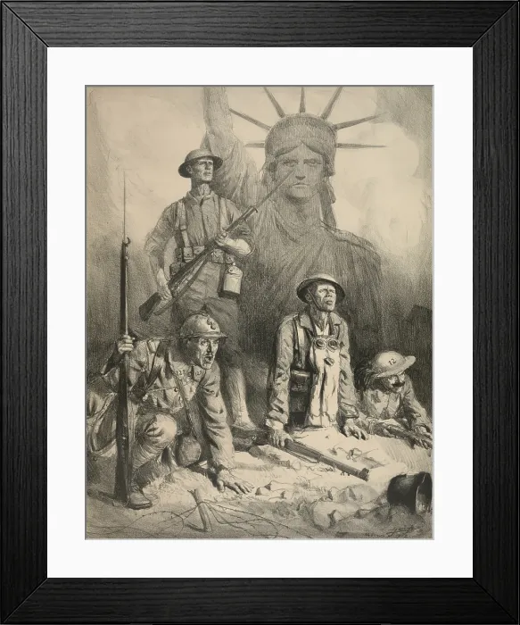Framed Print : Statue of Liberty and an American soldier behind Allied soldiers in WW1. 1918. In foreground, L-R are a French, British, and Italian soldier. 1927 lithograph by Lucian Jonas