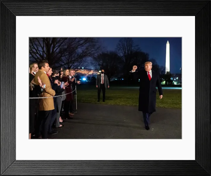 Framed Print : President Donald Trump gives a closed fist salute to supporter at the White House on Jan. 12, 2021 Framed Print : President Donald Trump gives a closed fist salute to supporter at the White House on Jan. 12, 2021