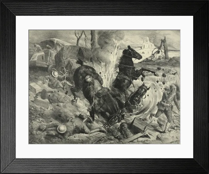 Framed Print : Night bombing by aeroplanes striking horses and soldiers near Soissons in WW1. 1918. 1927 lithograph by Lucian Jonas. (BSLOC_2012_4_39)