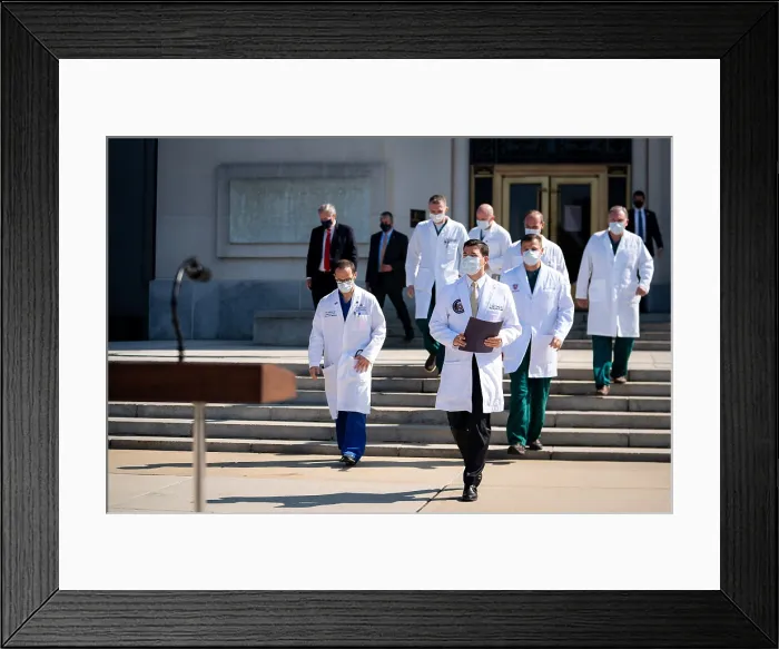 Framed Print : Dr. Sean Conley, with President Donald Trumps medical team, meet with the press to report on their patients treatment for COVID-19 disease
