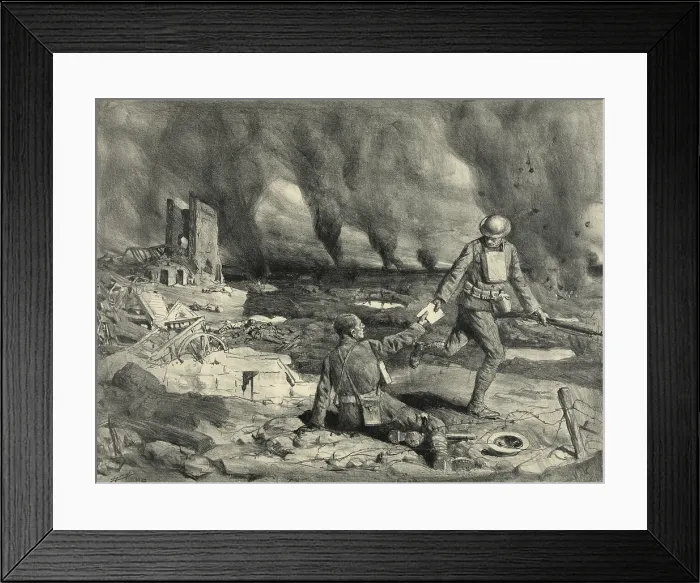 Framed Print : U.S. runners passing along a written message during a battle in WW1. 1917-18. Communications lines were often destroyed in battle making human messengers essential