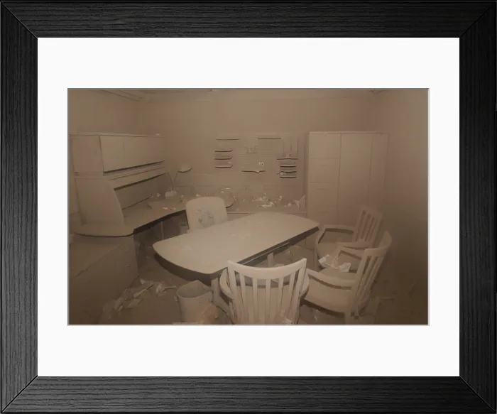 Framed Print : A dust covered office in building near the World Trade Center after the 9-11 terrorist attacks, September 20, 2001. Photo: Everett Collection