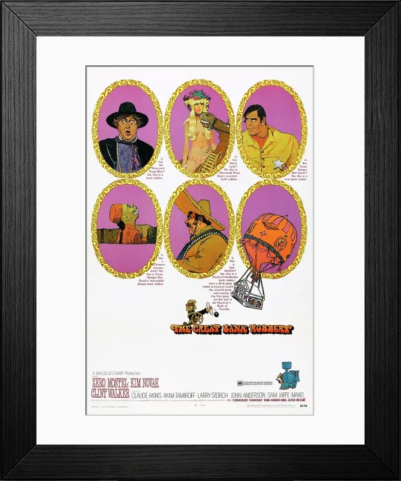 Framed Print : THE GREAT BANK ROBBERY, US poster, top from left: Zero Mostel, Kim Novak, Clint Walker, 1969