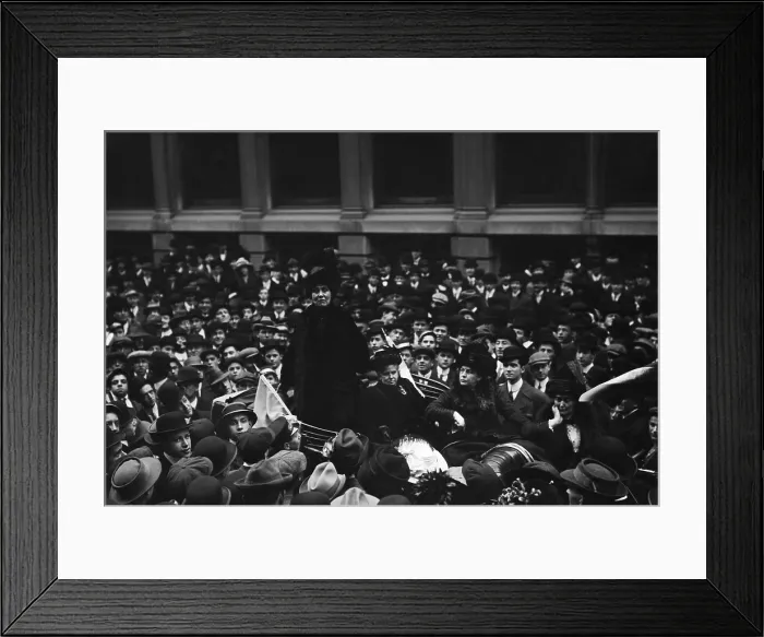 Framed Print : Emmeline Pankhurst speaking to a crowd of 5, 000 Wall Street messengers and brokers clerks. Nov. 11, 1911. For 15 minutes she was drowned out by jeers, catcalls, and cheers Framed Print : Emmeline Pankhurst speaking to a crowd of 5, 000 Wall Street messengers and brokers clerks. Nov. 11, 1911. For 15 minutes she was drowned out by jeers, catcalls, and cheers